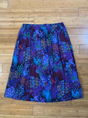 Vintage 90s Rayon Abstract Art Purple & Gold Floral Geometric A-Line Skirt